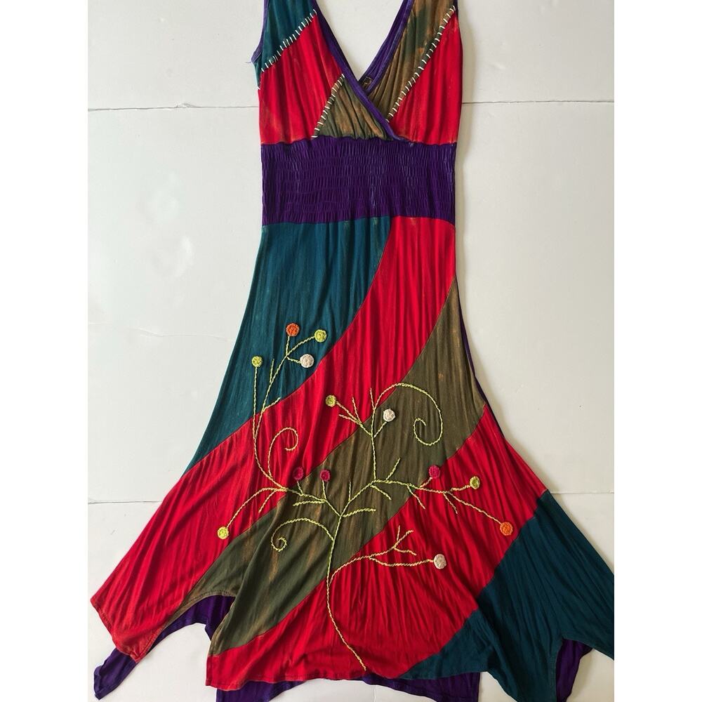 Rising International Boho Dress L Colorful 3D Chrochet Beach Hippie Y2K Tie Dye